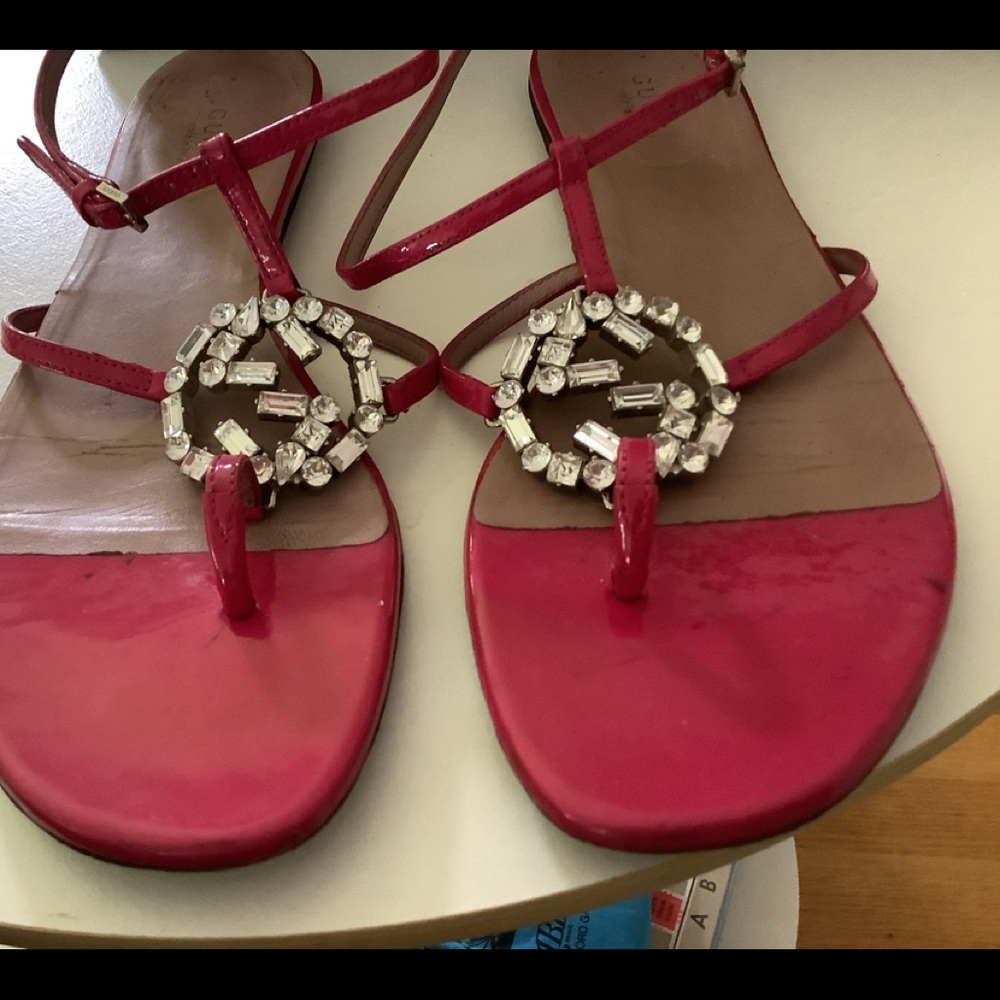 Gucci Magenta Patent Leather Swarovski Crystal Sandals